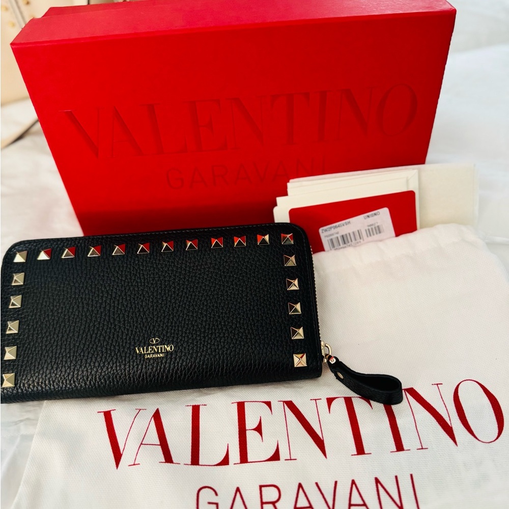 Valentino Garavani Rockstud Black Wallet with Gold Studs